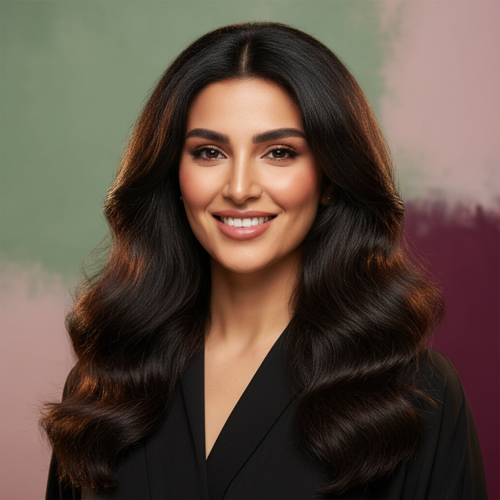 Woman with long, wavy hair wearing a black outfit against a gradient background
